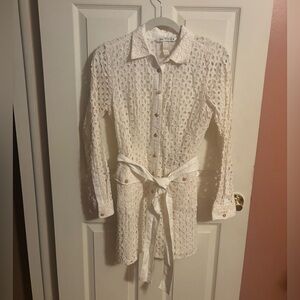 Zara Off-White Eyelet Shirt Dress with Self Tie